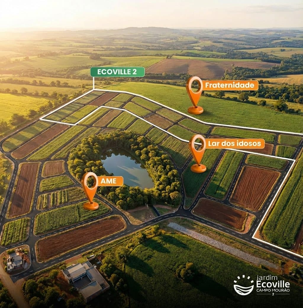 Vista aérea do Ecoville 02, com o perímetro do loteamento e as quadras demarcadas